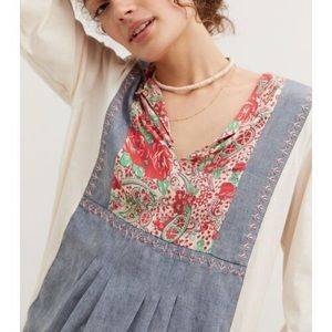 Anthropologie Tiny chambray embroidered peasant top floral hippie cottage core